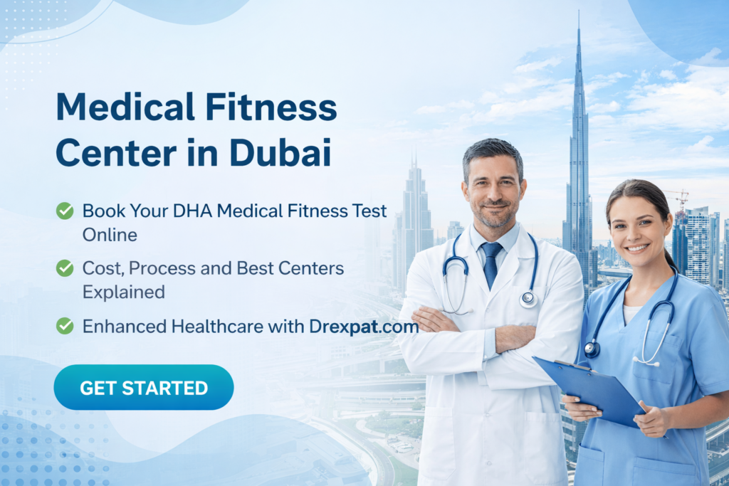 Drexpat.com medical fitness center in Dubai with doctors and Dubai skyline promoting online DHA medical fitness test booking.